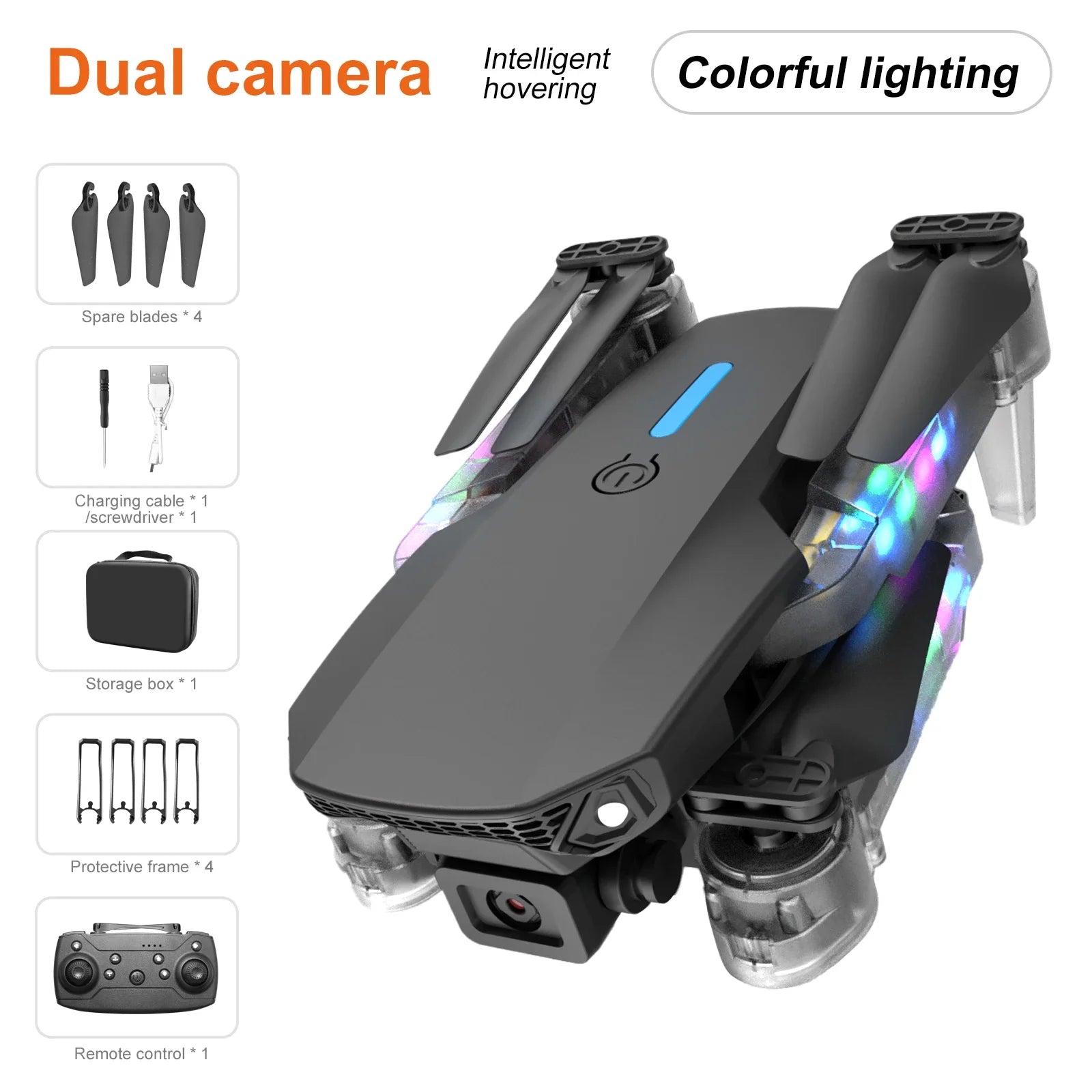 4K Camera Drone - Foldable RC Quadcopter with Obstacle Avoidance E88D Black DualC 1B Tidesmit