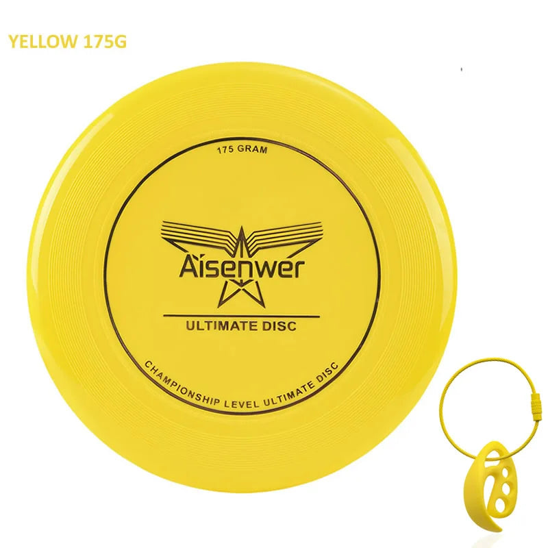 Bright yellow 175g round plastic ultimate flying disc with black logo and an included yellow carrying clasp.