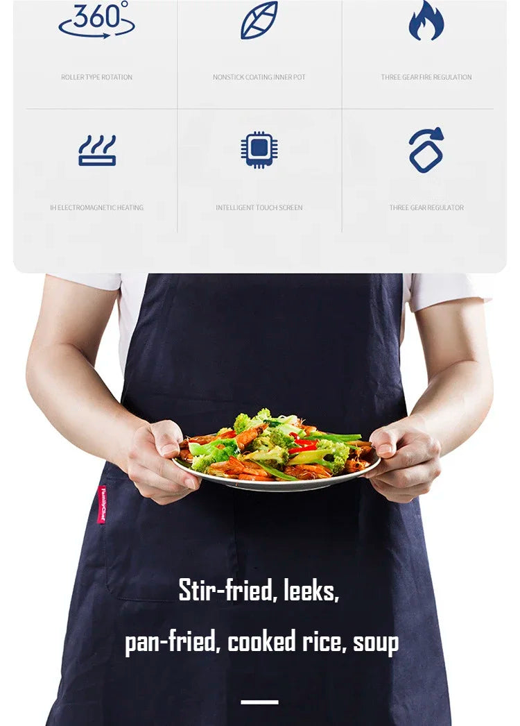 Hands holding a cooked plate above a drum cooking machine, meal ready to serve