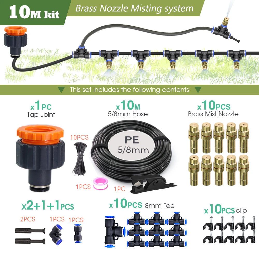 10M brass nozzle misting system kit contents: tap joint, 5/8mm hose, mist nozzles, tees