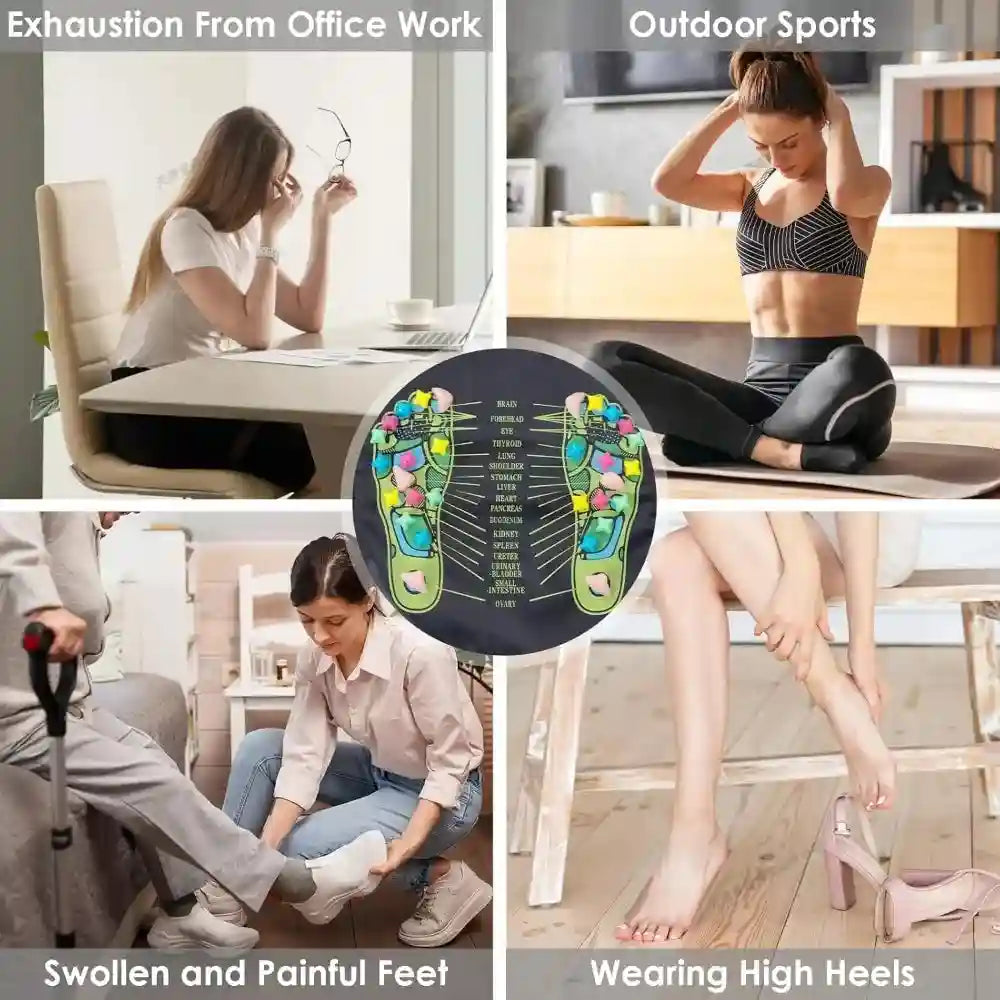 Black foot massage mat with colorful acupressure stone markers for reflexology, reflex points, and pain relief.