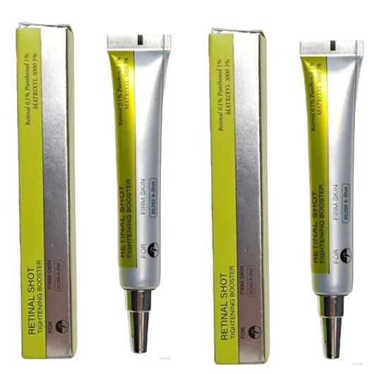 Retinol Shot tightening serum tube with silver cap and green-white cartons
