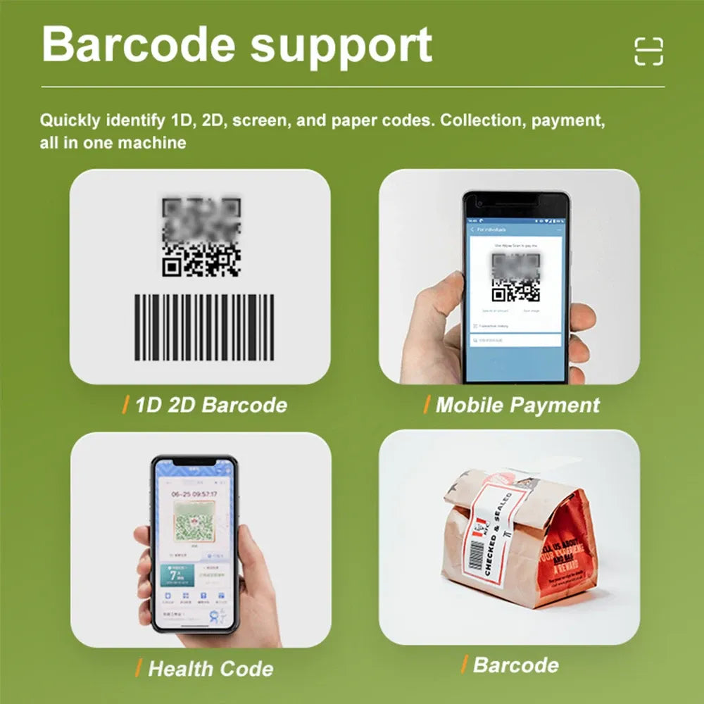 Desktop barcode scanner showing support for 1D, 2D codes, and mobile payment QR