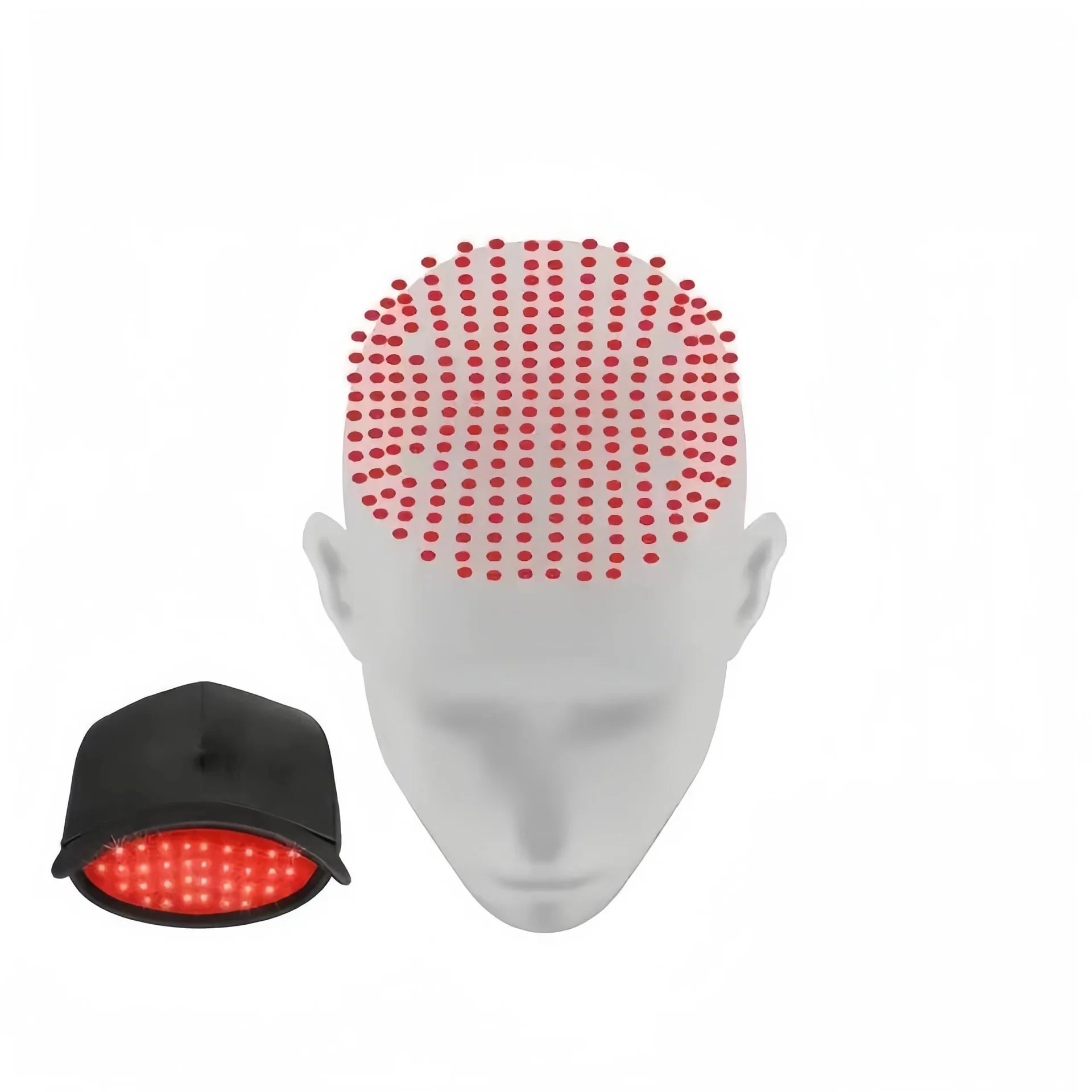 Red light therapy hair growth cap with LED bulbs, shown on a mannequin head for scalp health and hair loss treatment.