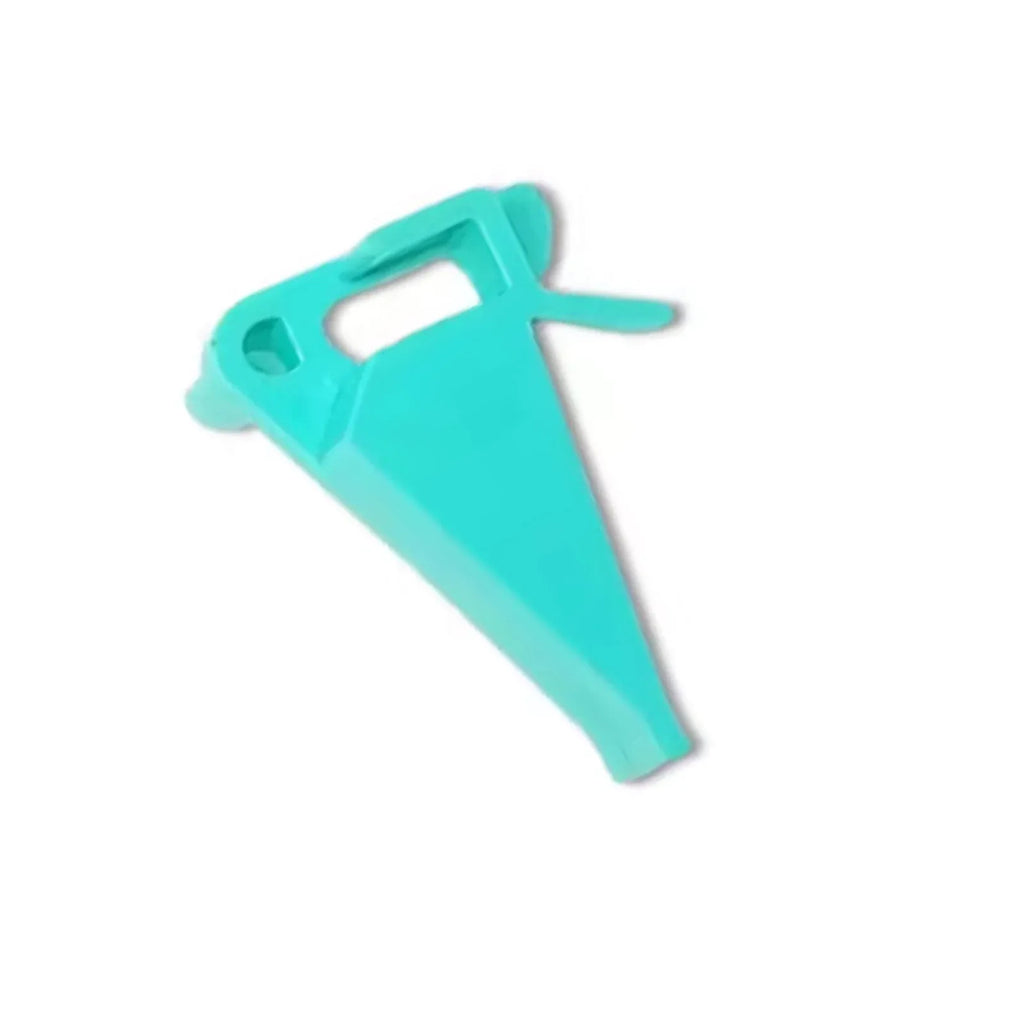 Turquoise plastic barcode printer buckle with rectangular cutout and spring tab