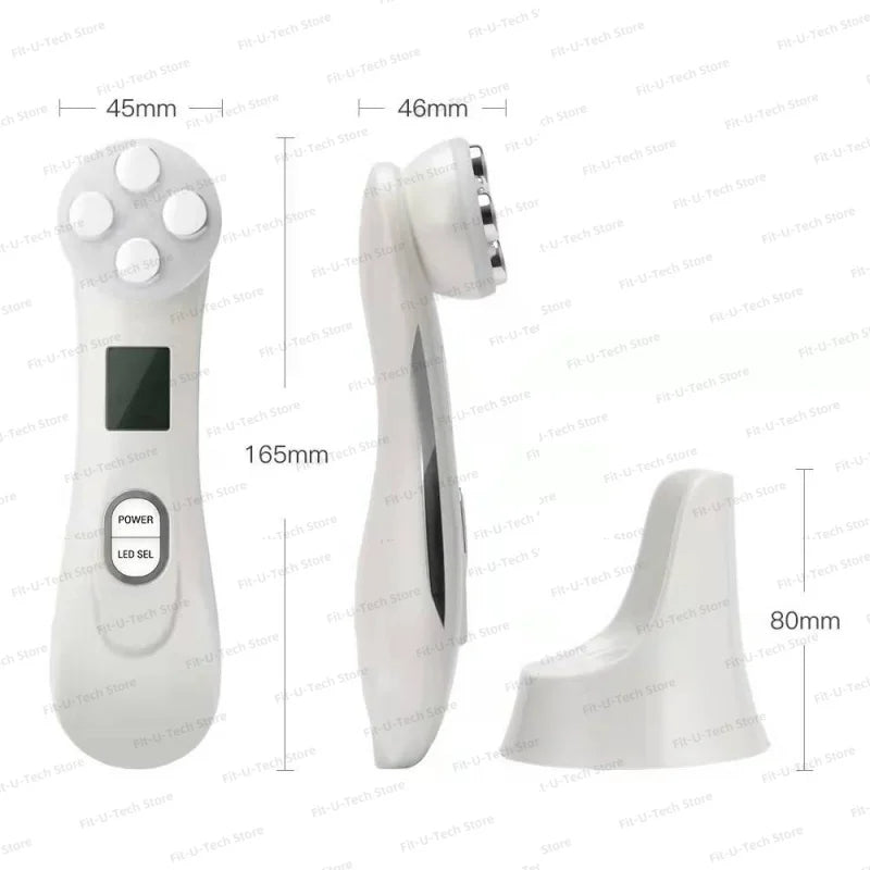 White EMS facial lifting device with five metal heads, LCD screen, control buttons, and matching charging base.
