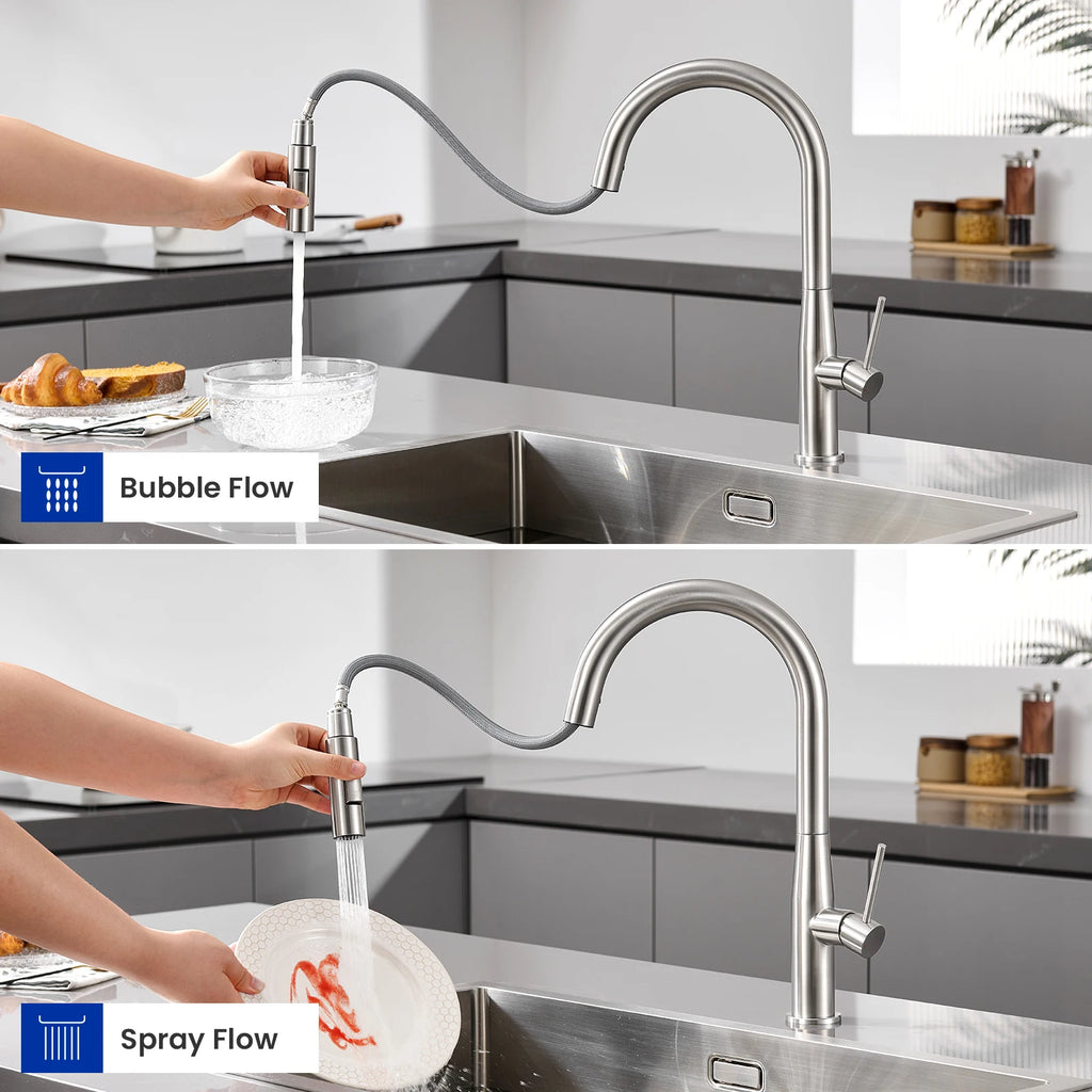 Brushed high-pressure kitchen mixer tap, pull-out spout, 2 spray settings, 360° swivel, replaceable aerator, high-performance valve