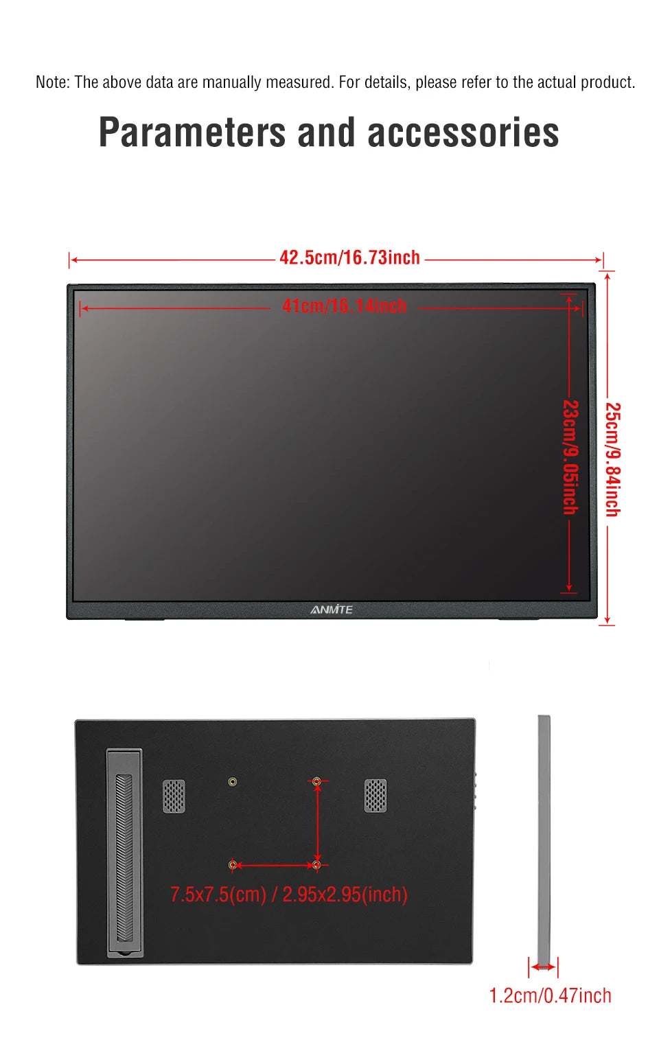 Anmite 18.5inch Portable Monitor 120Hz RGB100% With VESA Hole & Back bracket Laptop Extended Display ADS-IPS HDR Screen