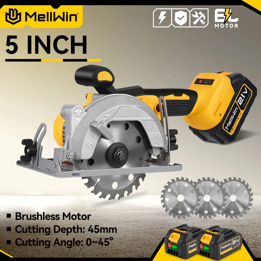 MELLWIN 5 Inch Brushless Electric Circular Saw Cordless Multi-Angle Saw Woodworking Power Tool Set For Makita 18V Battery Pin
