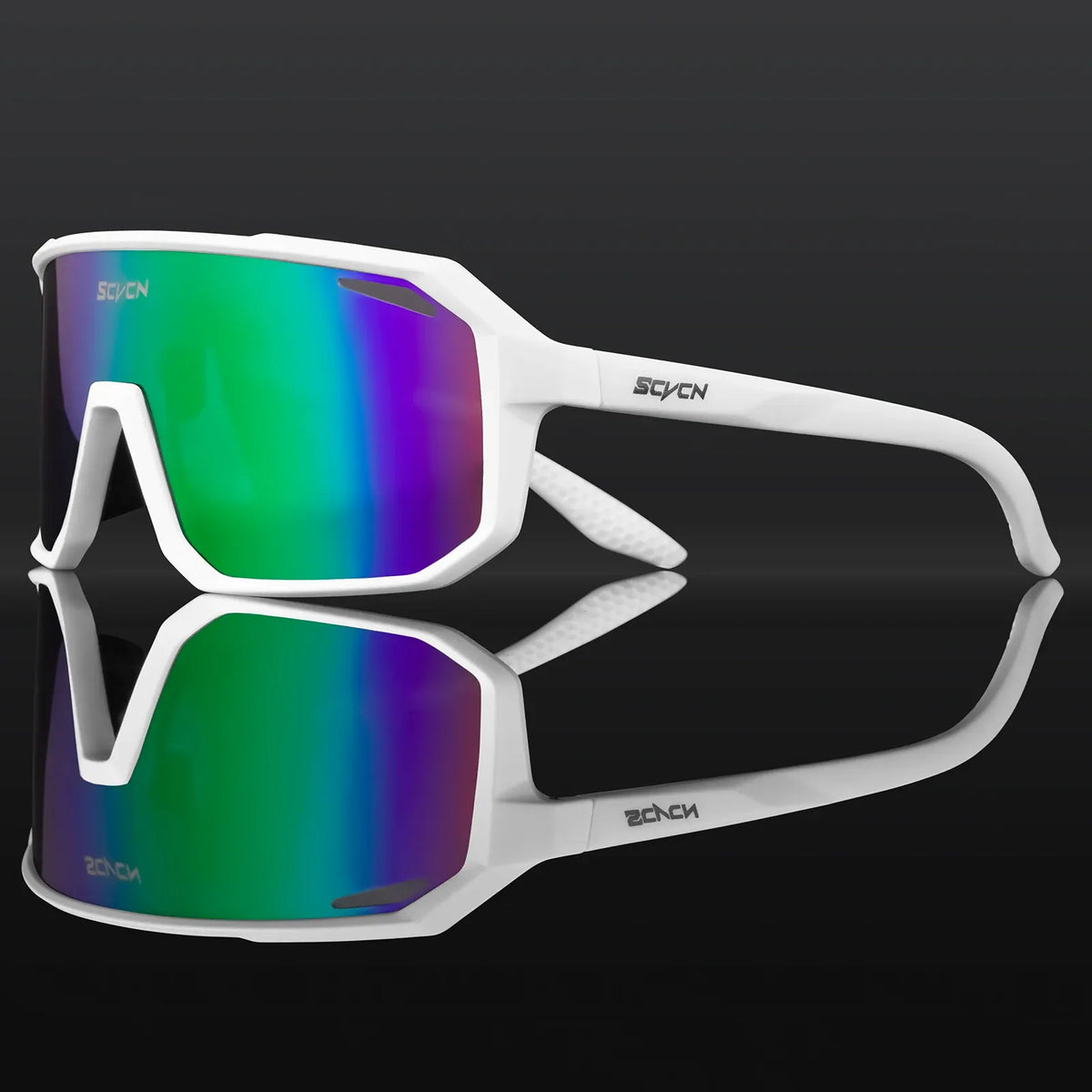 MTB UV400 cycling sunglasses with white frame and green-purple mirrored lenses