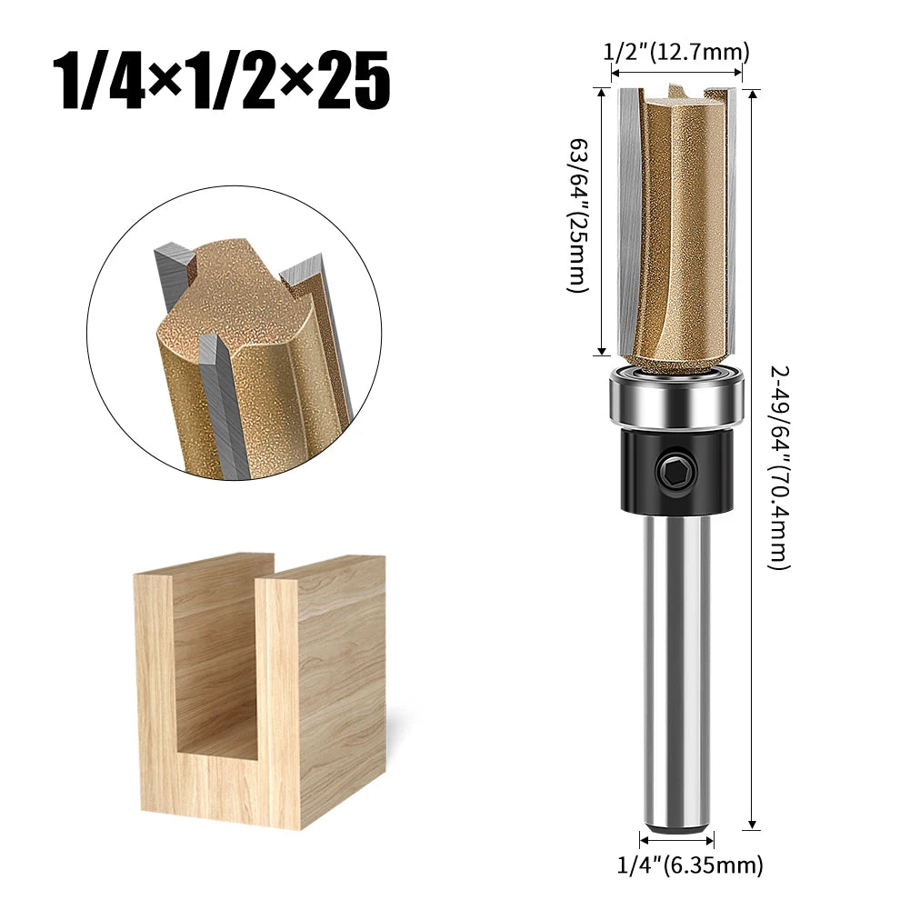 3-edge straight router bit with bearing, 6.35mm shank, gold carbide, 1/4x1/2x25