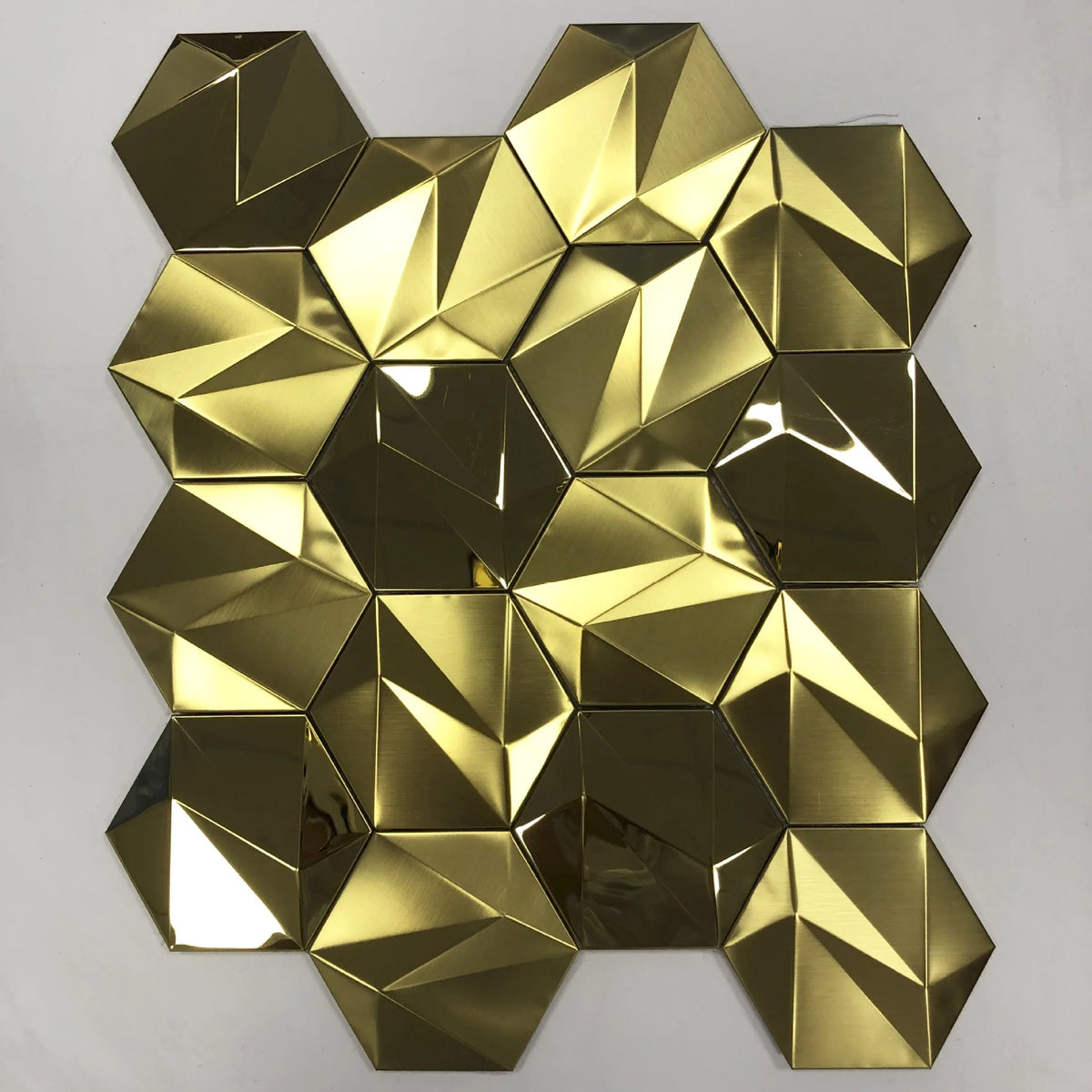 Hexagon self-adhesive metal mosaic tiles panel, glossy gold reflective hexagons.