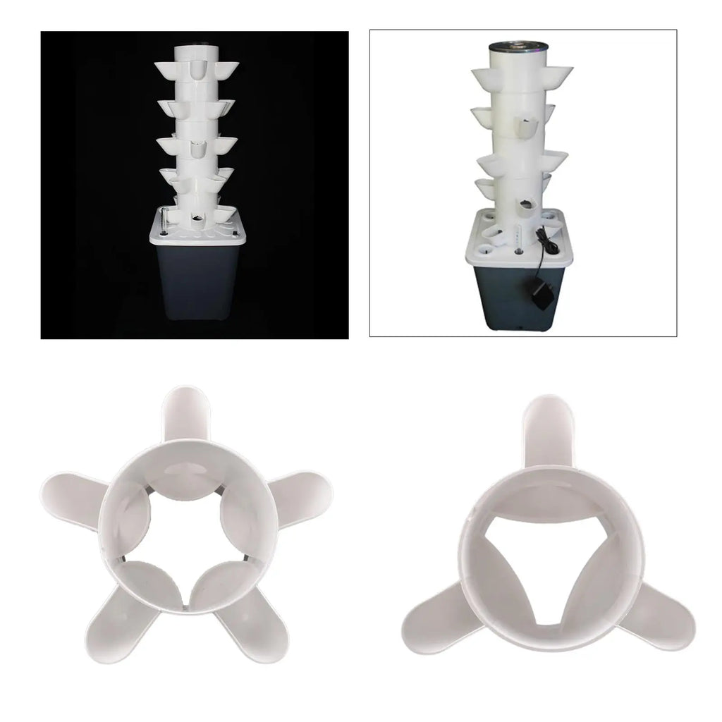 White vertical hydroponic planter tower with stacked cups and square base reservoir