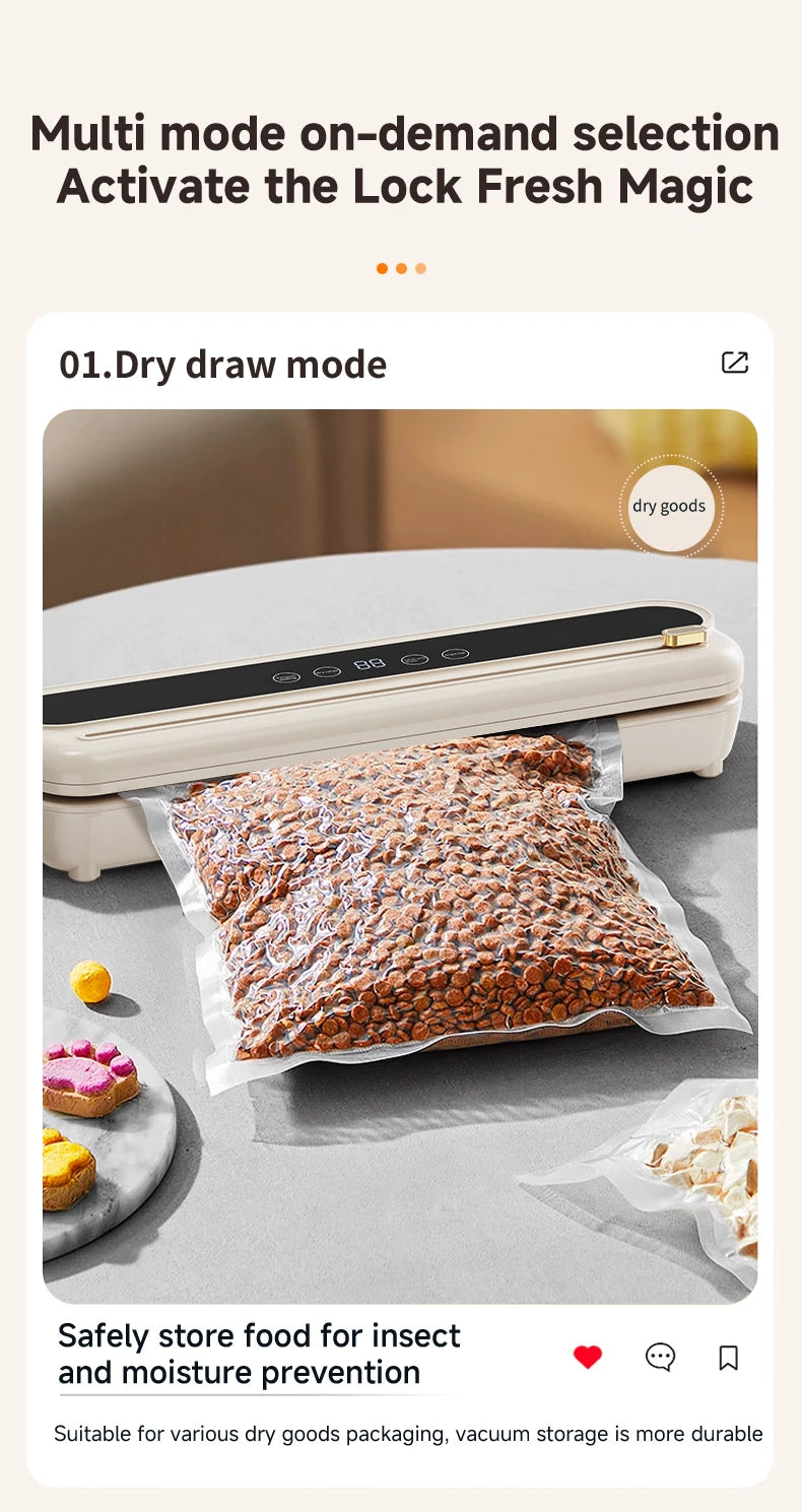 2026 New Electric Vacuum Sealer Built‑in Cutter Dry Wet Mode Automatic Food Sealer Kitchen Food Preservation Packaging Machine