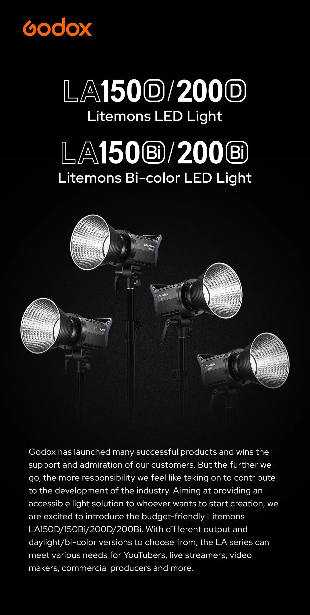 Four Litemons LA150/200 series LED video lights with black housings and silver reflectors on tripod stands.