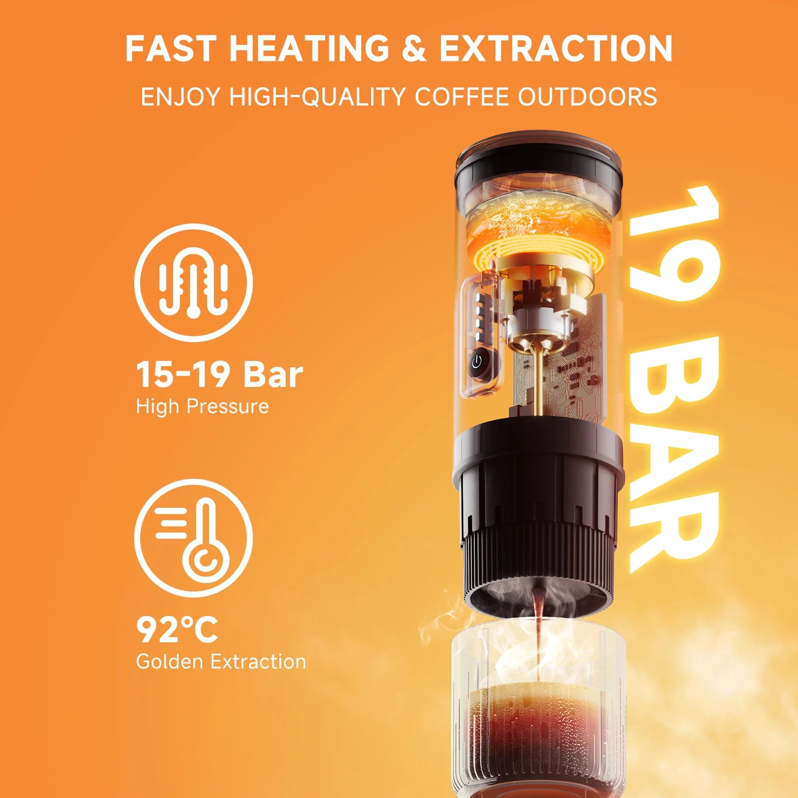 Portable black espresso maker for outdoor coffee, featuring 19-bar pressure extraction and rapid heating technology.