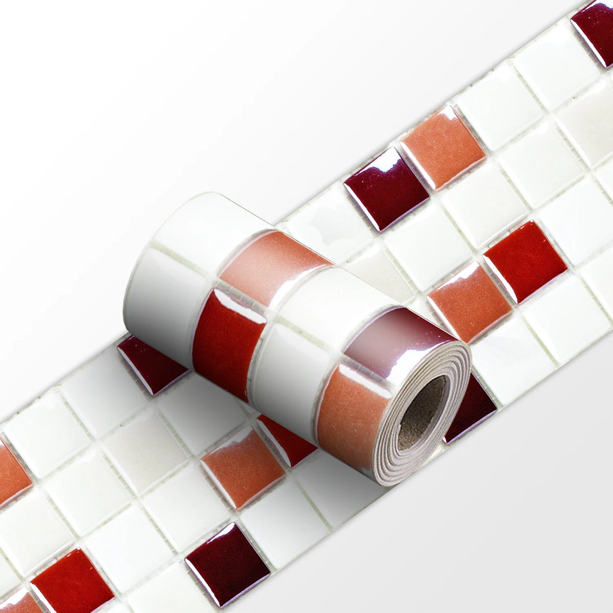 Peel-and-stick mosaic tile wall border sticker strip, red and orange square mosaic roll