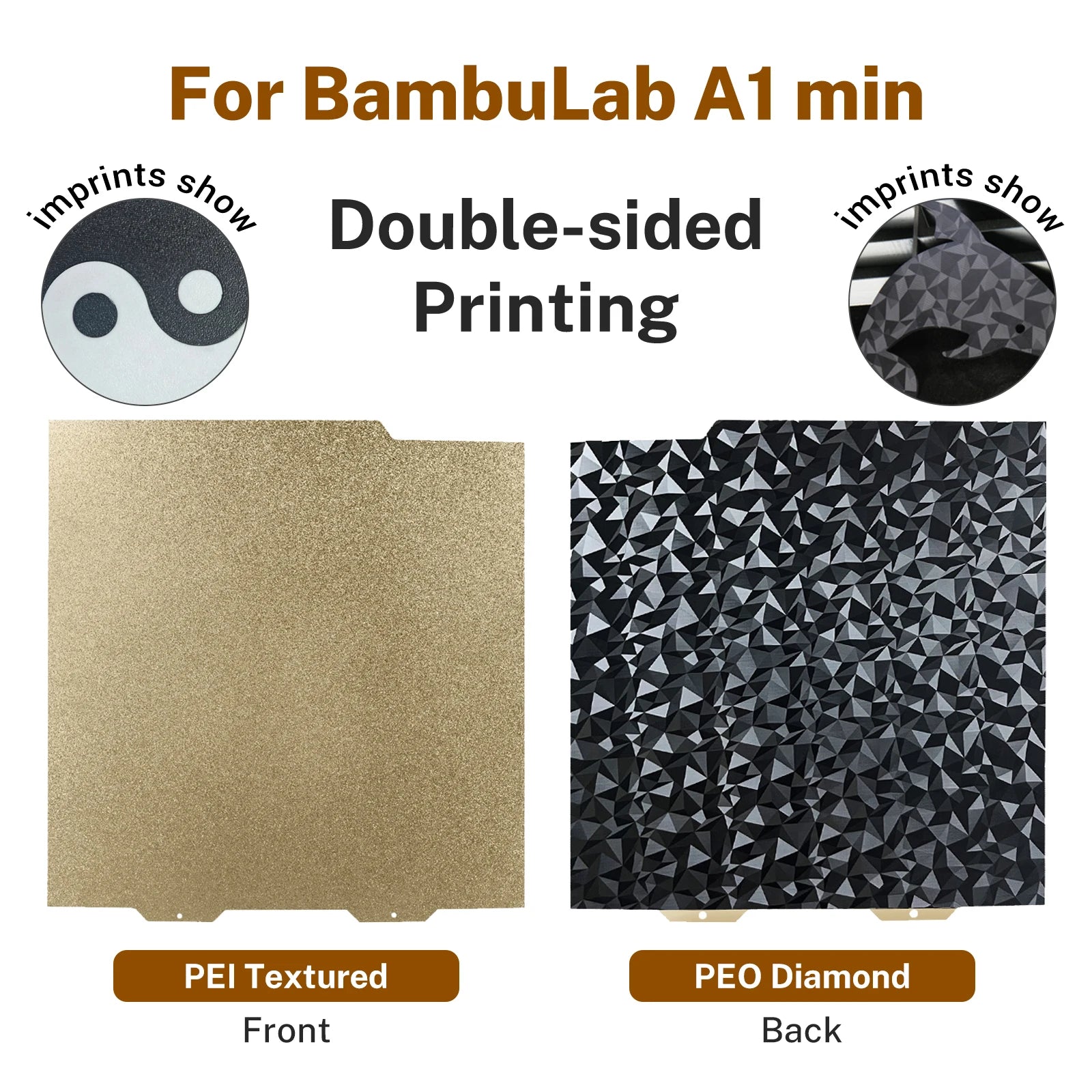 Double-sided 184x184mm build plate for Bambu Lab A1 Mini featuring textured PEI and diamond PEO for unique 3D prints.
