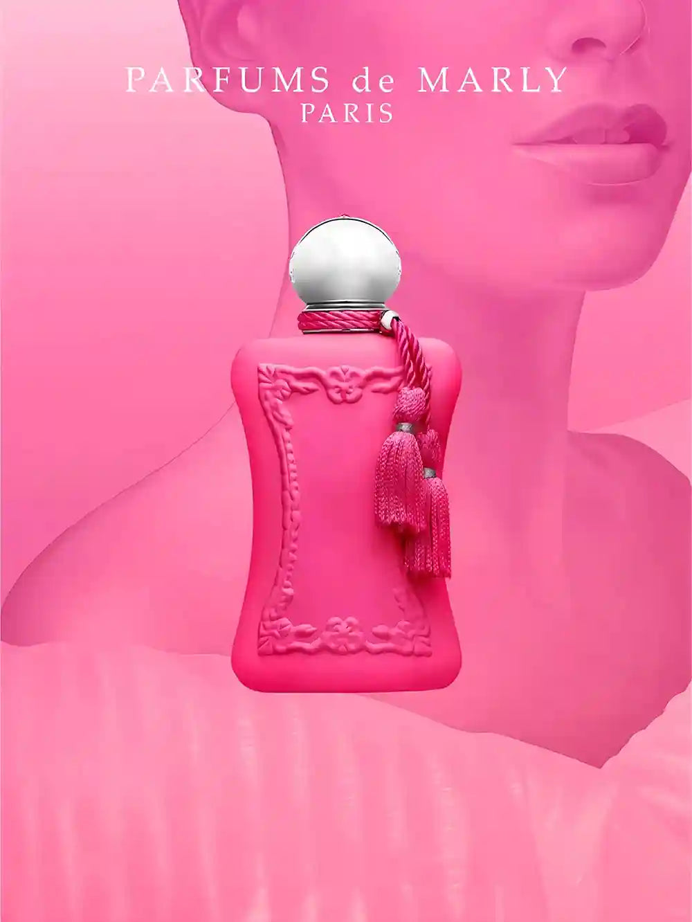 Parfums de Marly Delina Eau de Parfum, luxury pink floral women's perfume in a signature ornate tassel glass bottle.