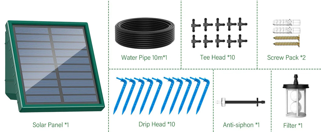 Solar irrigation kit parts: solar panel, drip heads, anti-siphon, filter, screws