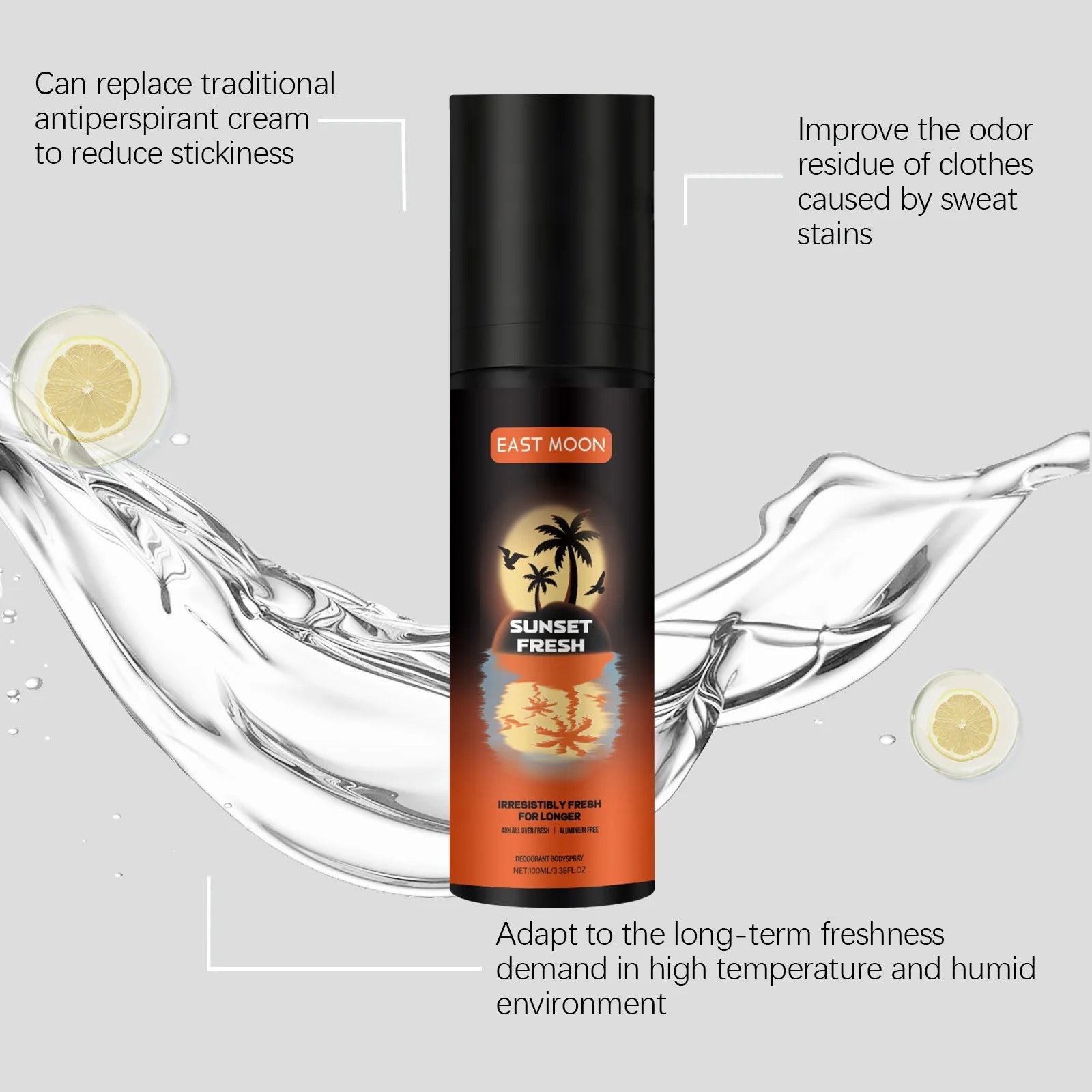 Tidesmit East Moon fruity deodorizing spray for men to eliminate underarm sweat and remove body odors.