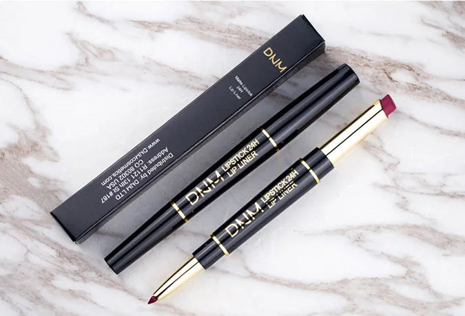 DNM 2-in-1 waterproof matte lipstick and lip liner pencil in a sleek black and gold tube with berry shade tips.