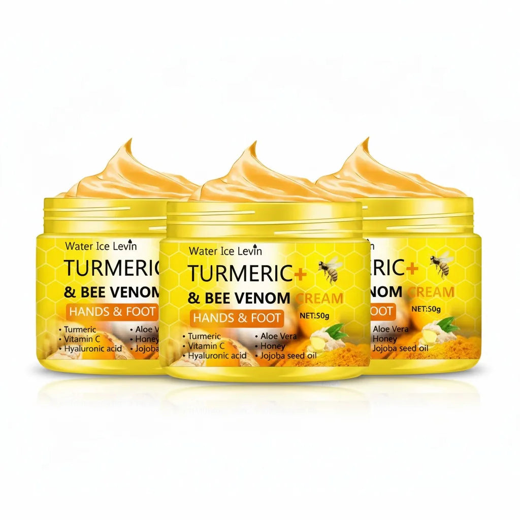 Three Turmeric+ & bee venom hands and foot cream jars, yellow honeycomb labels