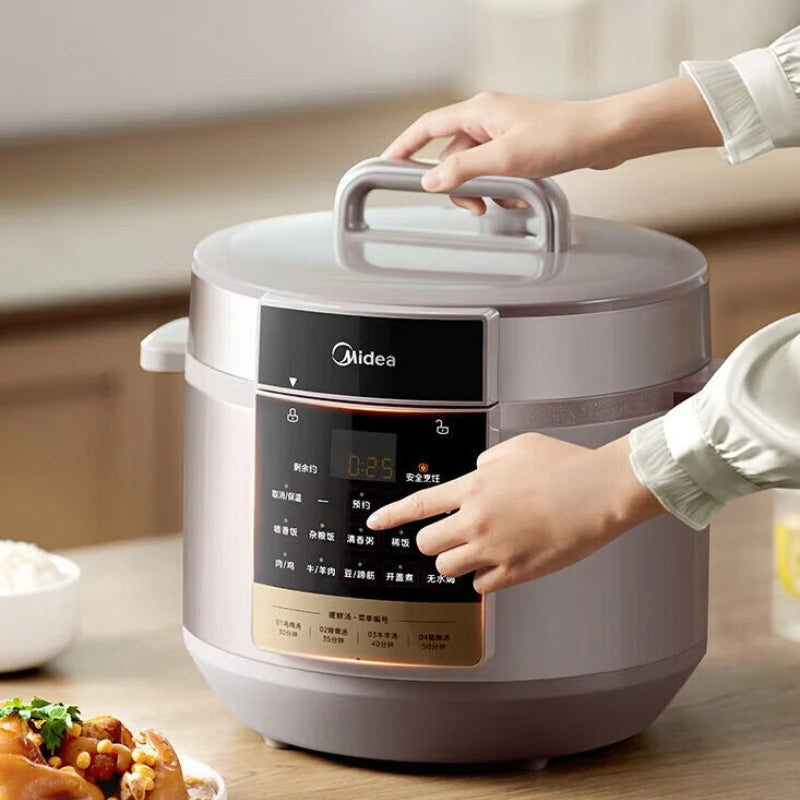 8L electric pressure cooker with brushed stainless body and top handle, front control panel