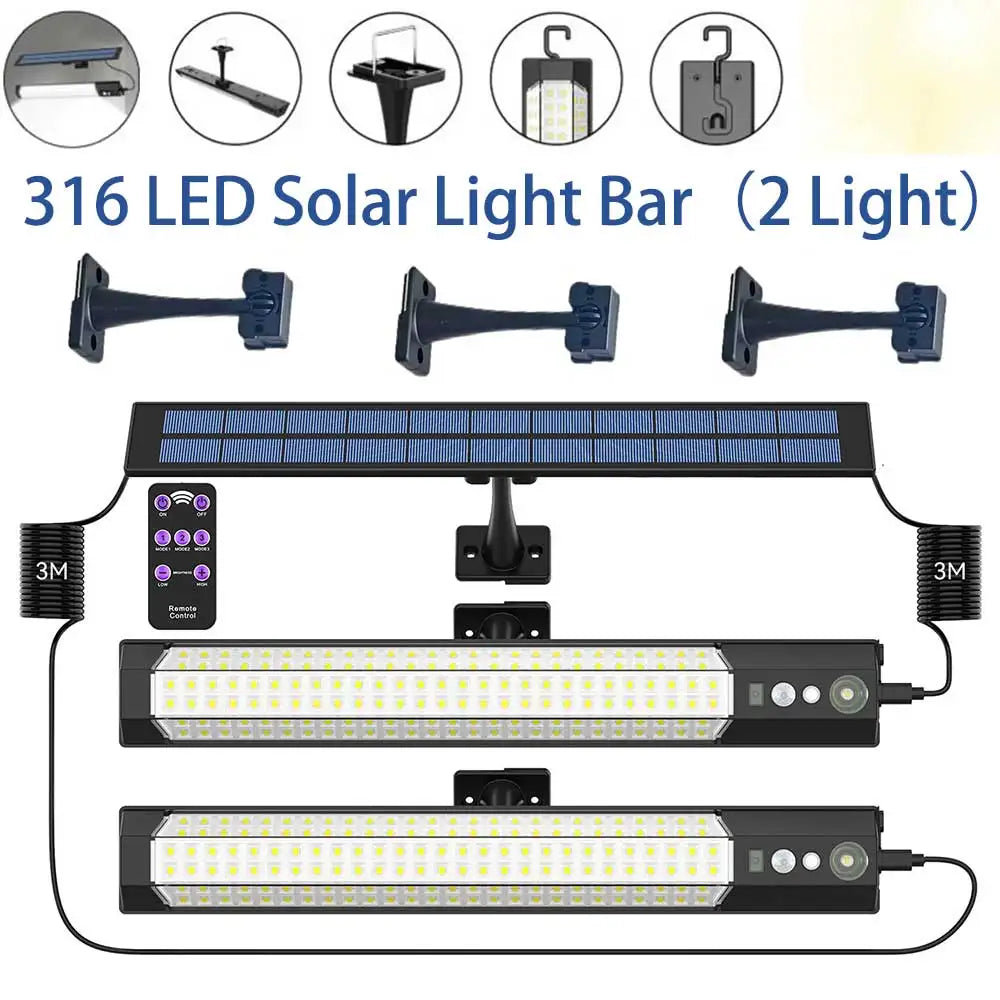 New 316 LED Solar Light Bar Outdoor 4 Modes Motion Sensor Separate 2 Head Lamp with 3 Meter Wire Street Wall Lights Garage Yard
