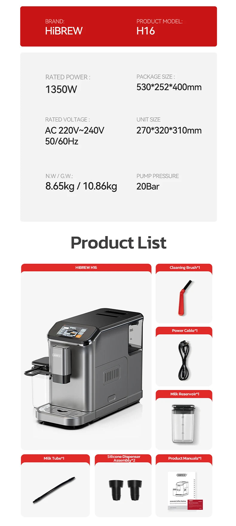HiBREW H16 20-bar automatic espresso machine in grey with digital display, milk reservoir, and included accessories.