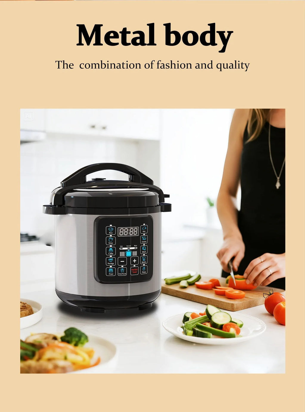 Stainless electric pressure cooker with carry handle and button-style control panel