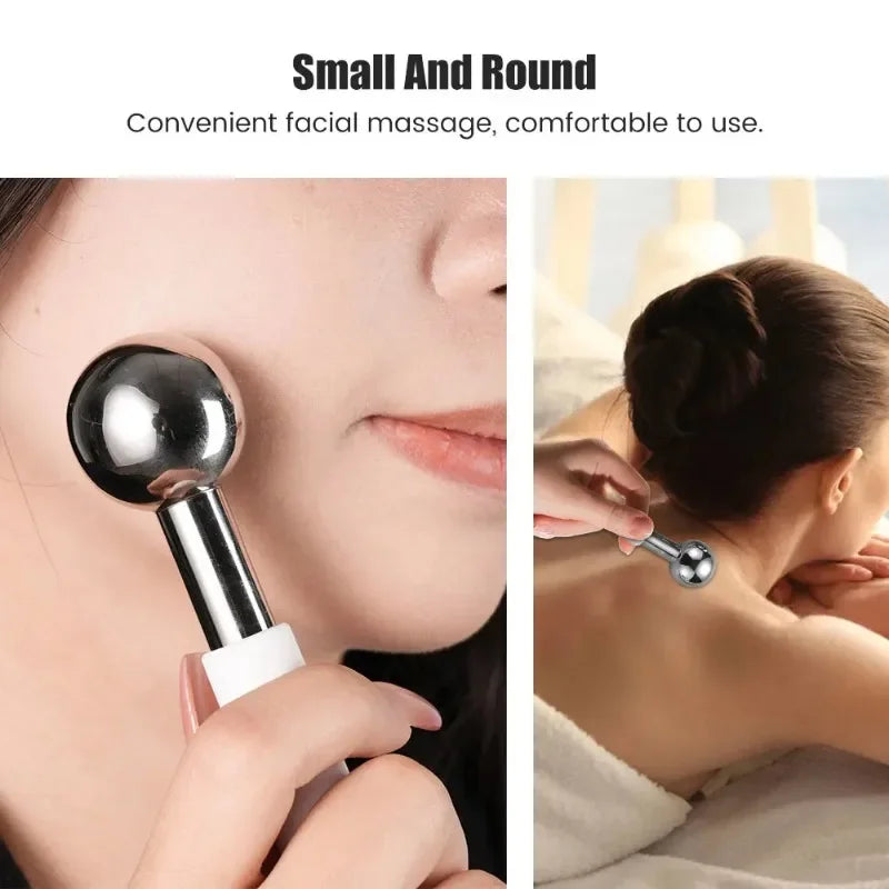 Silver stainless steel ice globes with white handles being used to massage a person's face and back.