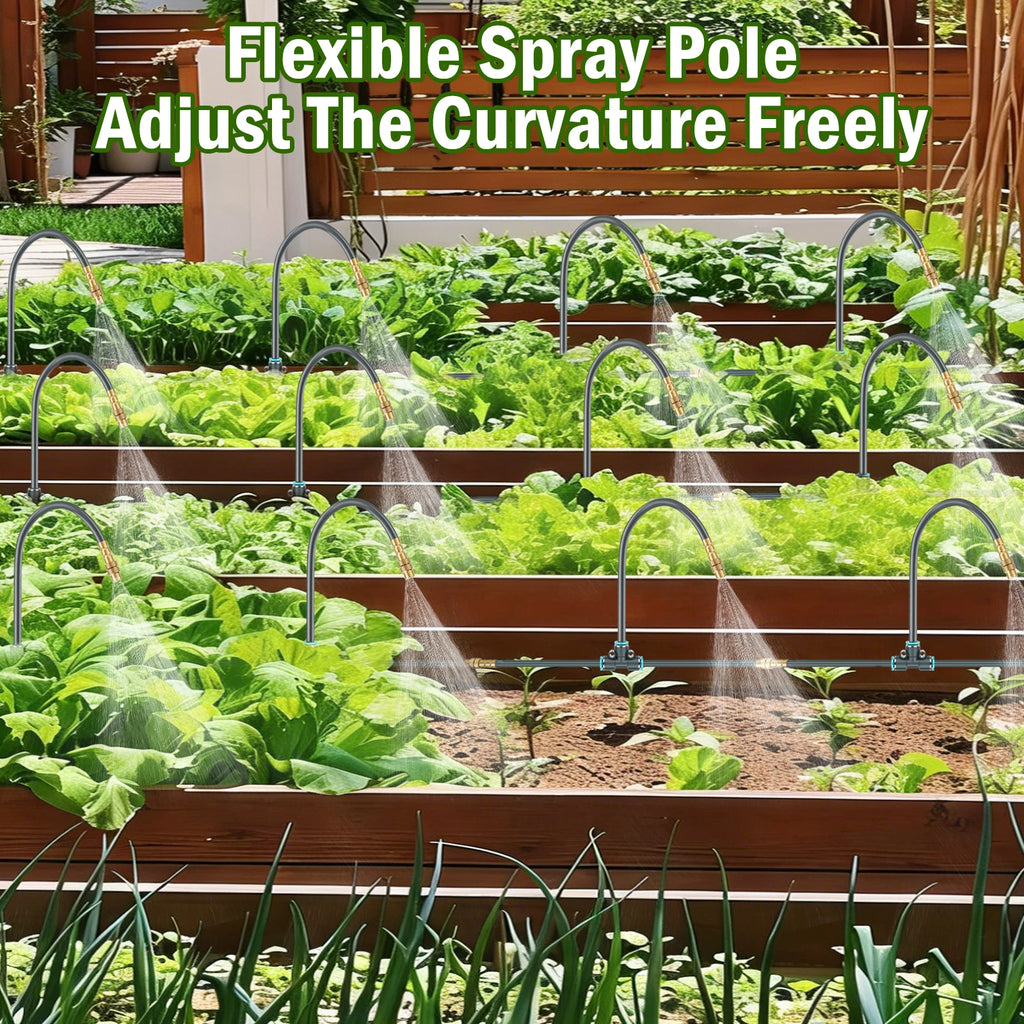 Flexible spray pole irrigation set with multiple arched sprinkler heads for greenhouse plants.
