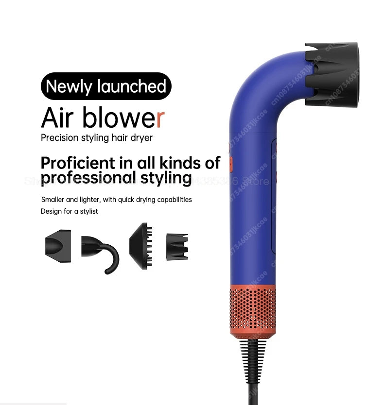 Blue leafless professional hair dryer with styling attachments and negative ion technology for fast, precision drying.