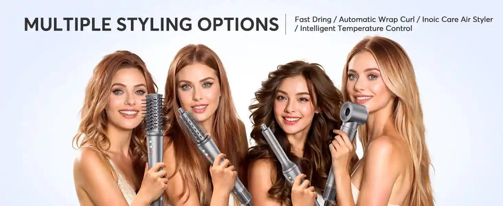 Bopcal 5-in-1 hair dryer and styler set with grey ionic attachments for curling, drying, and volumizing all hair types.