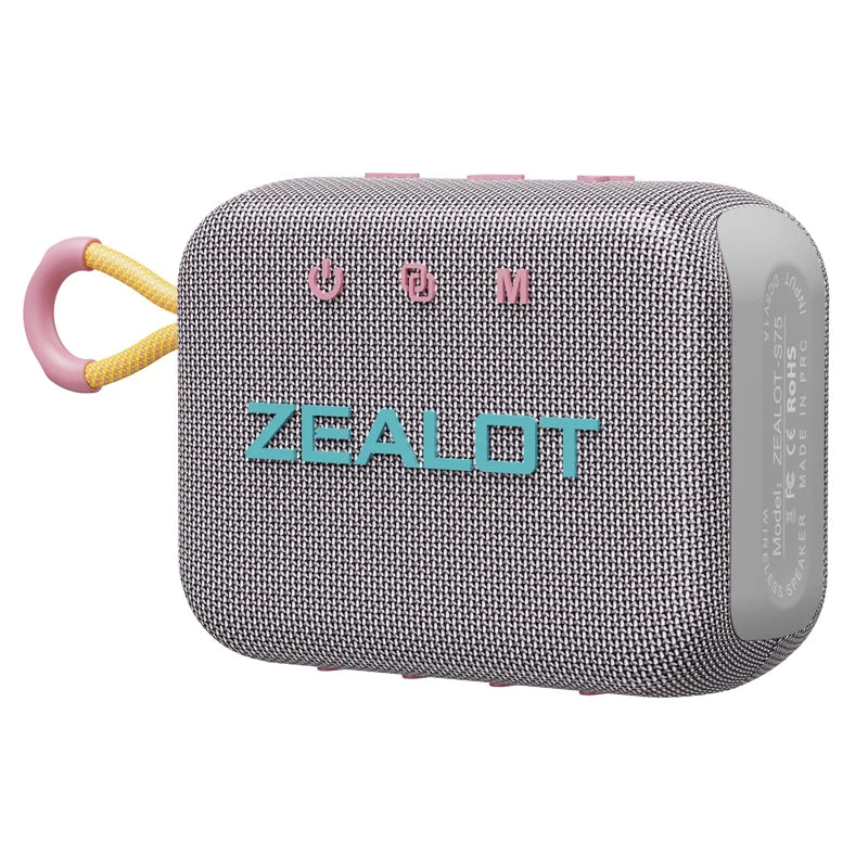 Portable wireless shower speaker, gray fabric with pink handle and top control icons