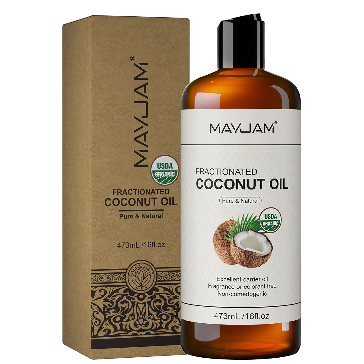 Fractionated coconut oil bottle with cardboard box, 473mL, pure & natural