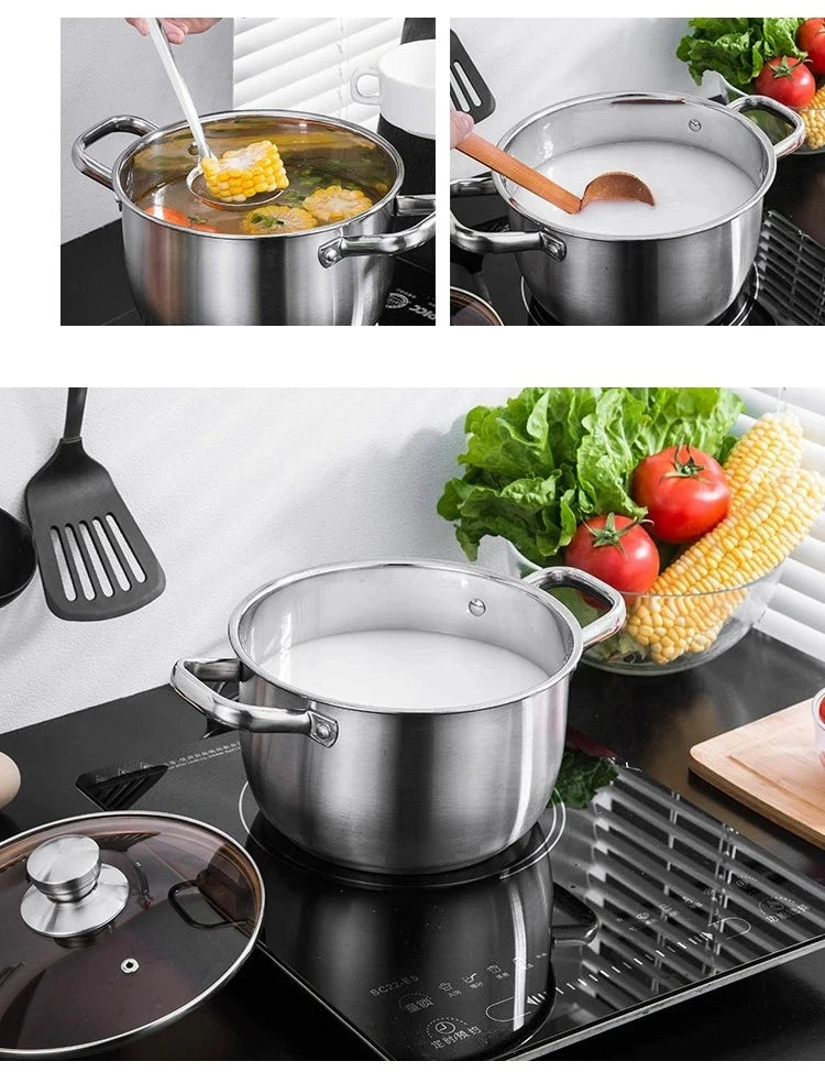 Stainless steel steamer pot on stovetop with vegetables inside, lid on