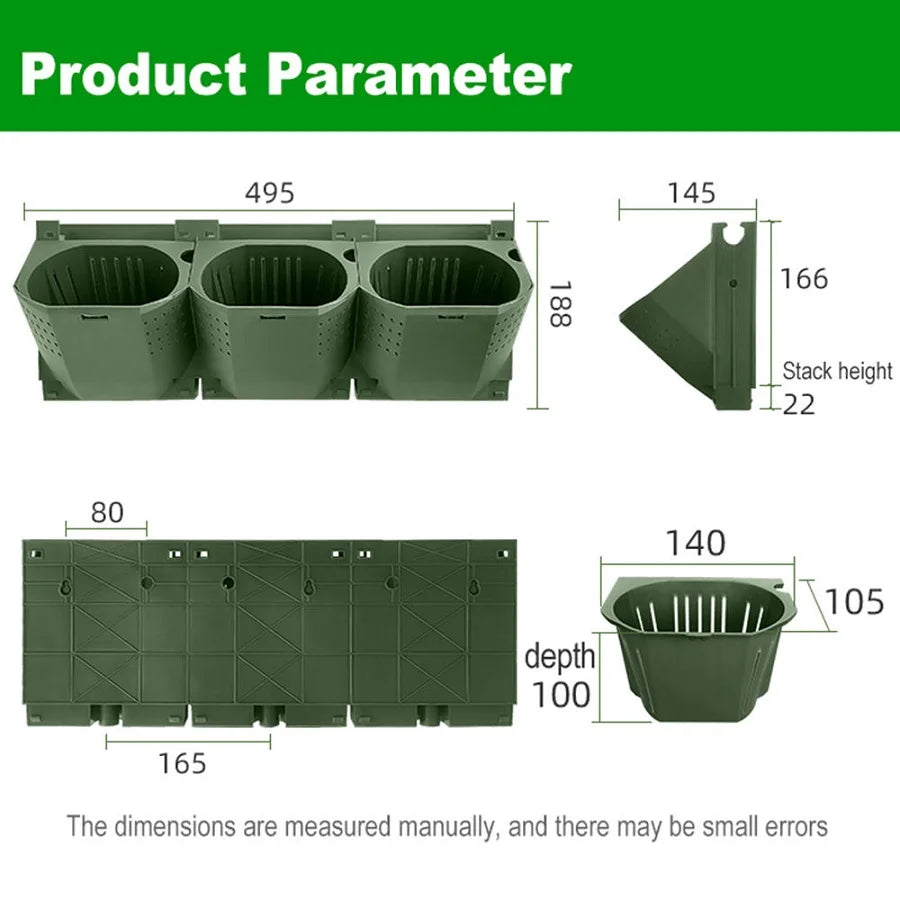 Green modular vertical planter tray with multiple cup openings, shown with dimensions