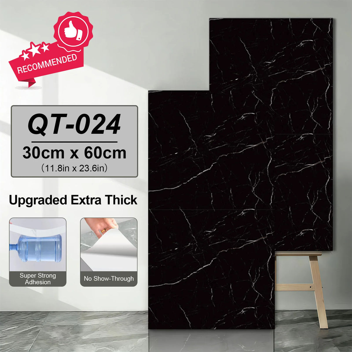 Black marble-look self-adhesive vinyl floor tile stickers with subtle white veining, 30x60 cm.