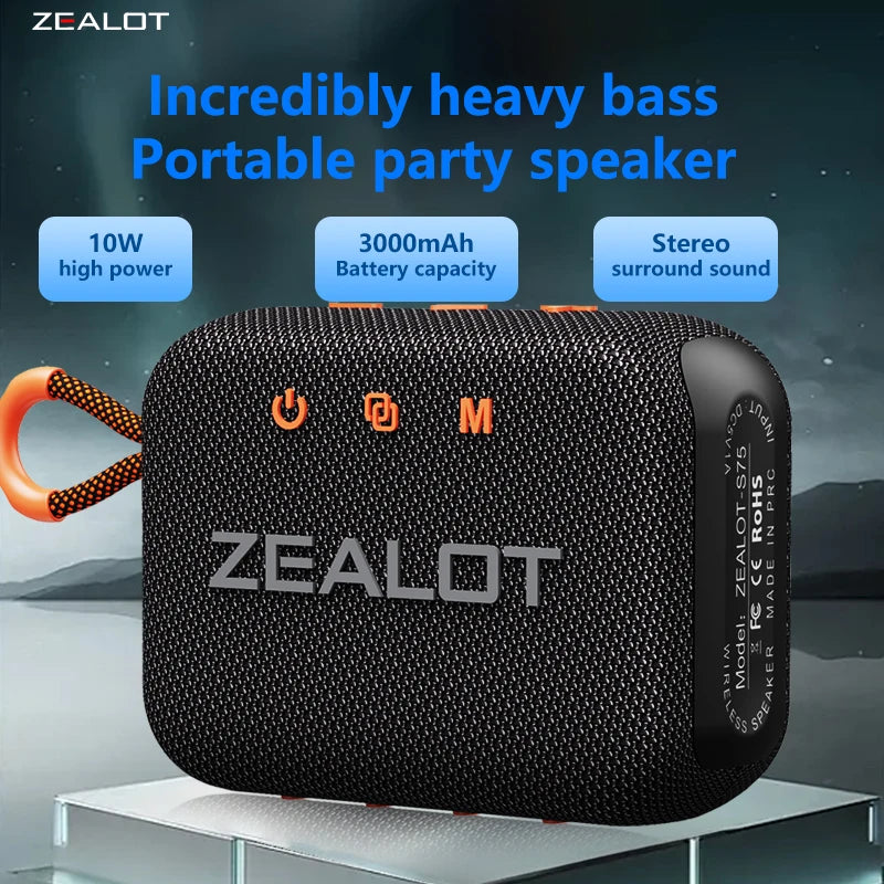 ZEALOT-S75 10W Portable Subwoofer Wireless Shower Speaker, Hifi Sound Quality, Dual Pairing, 3000mAh Battery, 16 Hours Playtime