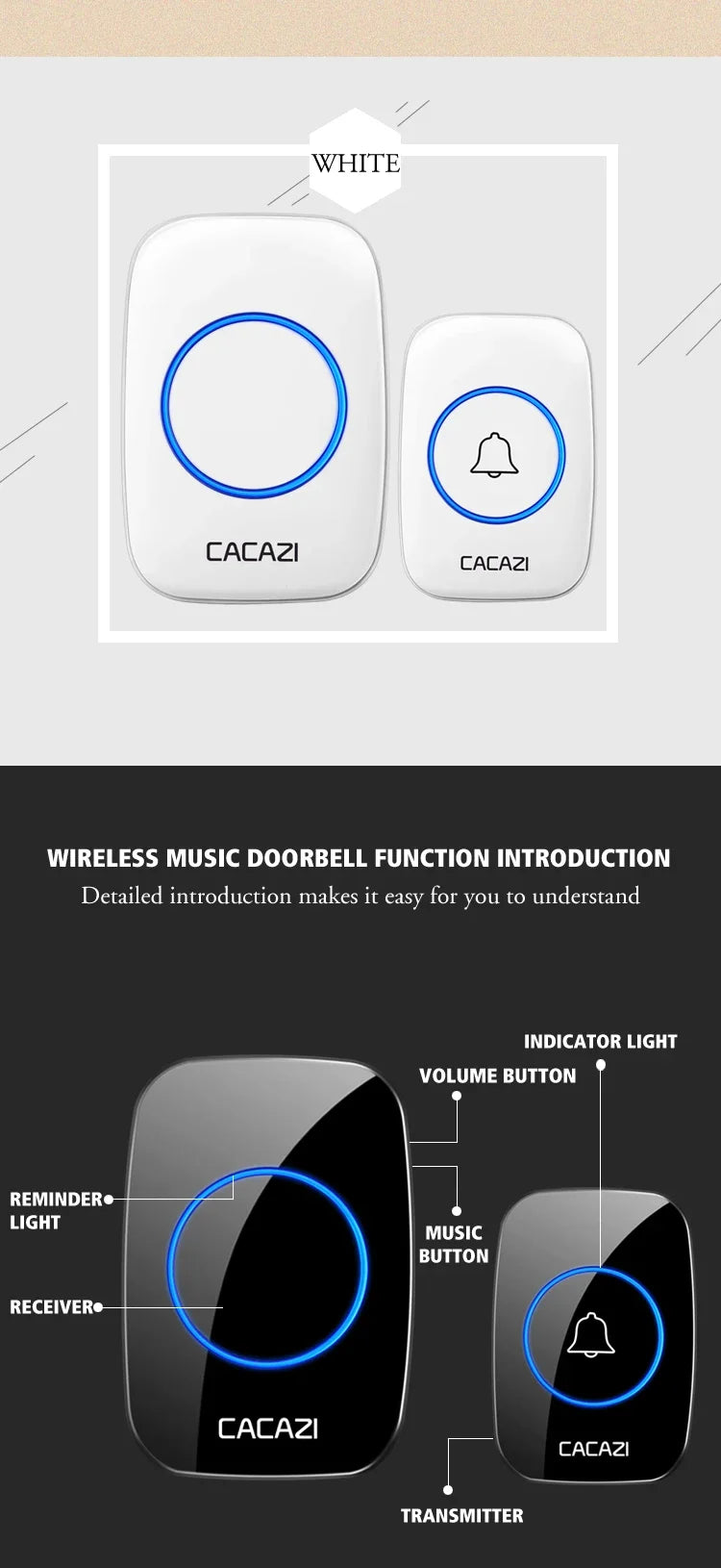 CACAZI 36 music 110DB 300M Wireless Doorbell Waterproof Remote Battery powered Smart Door Bell Battery 1  2 Button 1 2  Receiver