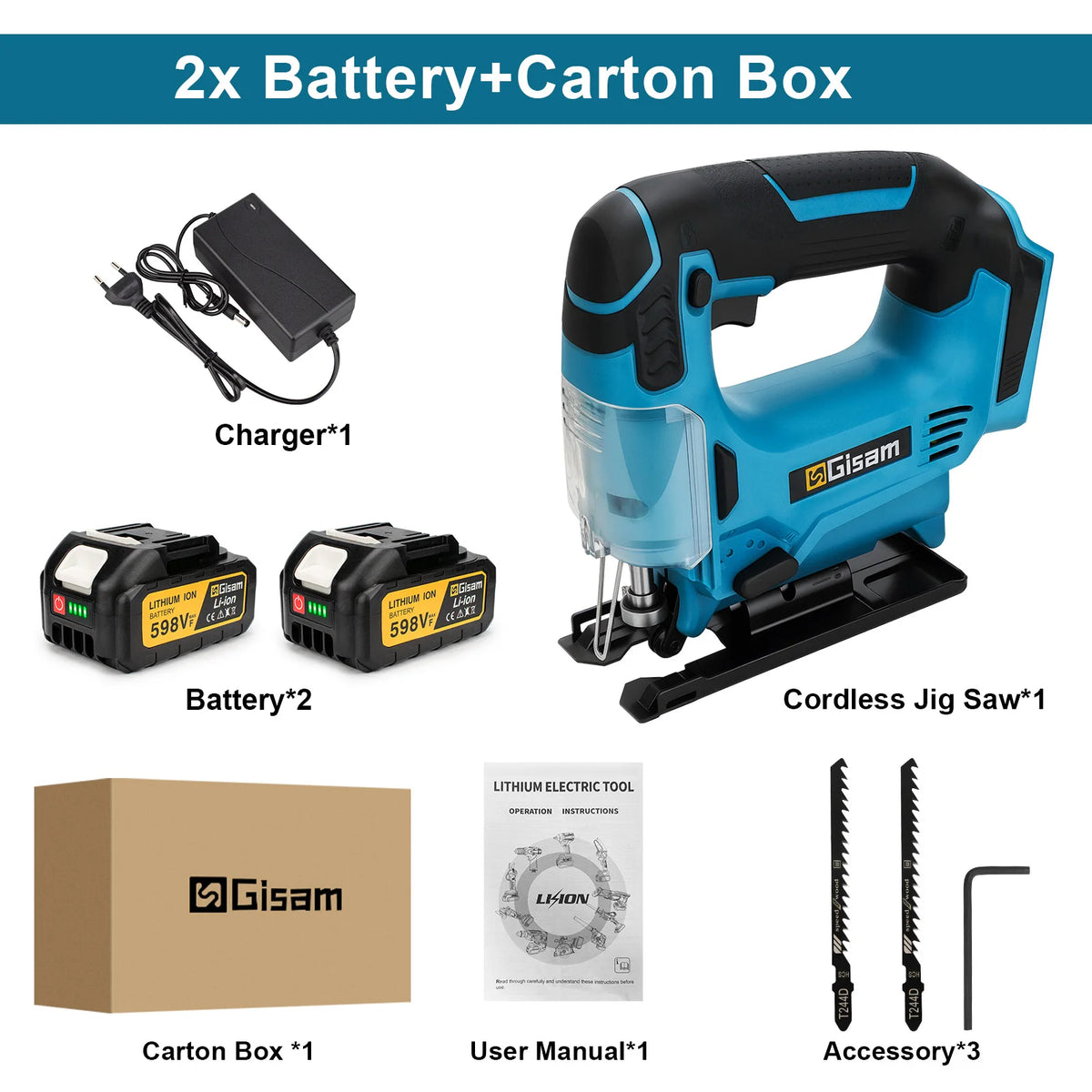 Cordless jigsaw tool in turquoise and black with base, blade, and two batteries