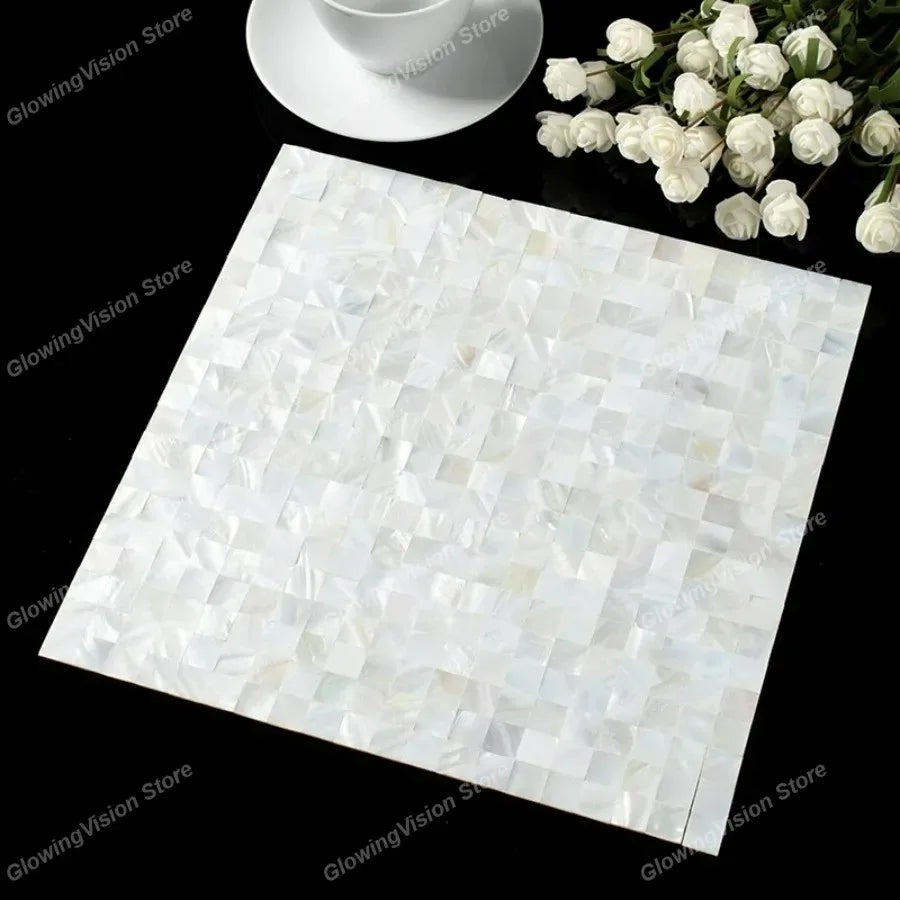 Iridescent mother-of-pearl mosaic tile sticker sheet in bright white square pattern