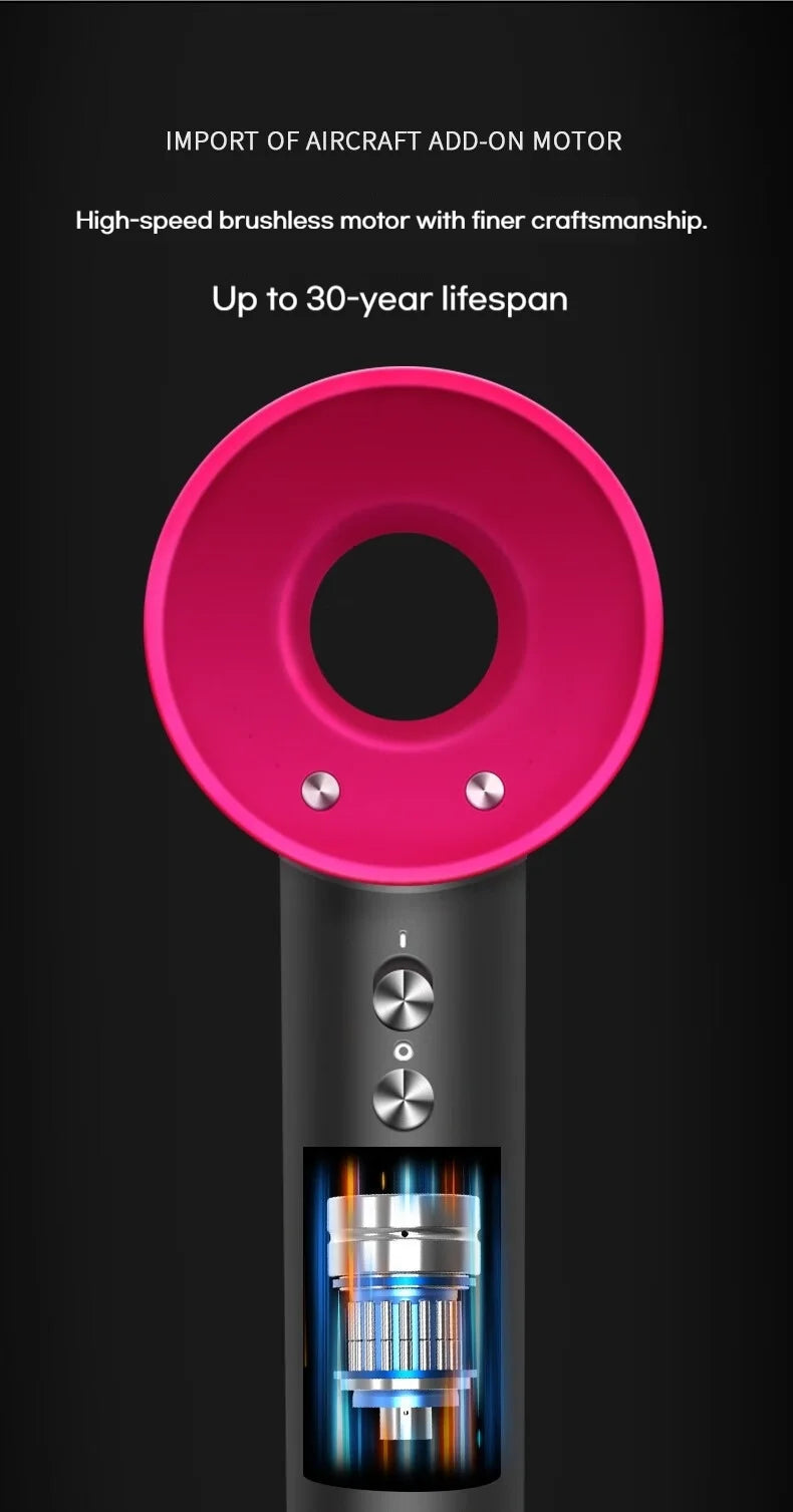 Pink and grey high-speed brushless hair dryer with negative ion tech for fast, quiet, professional-grade hair drying.