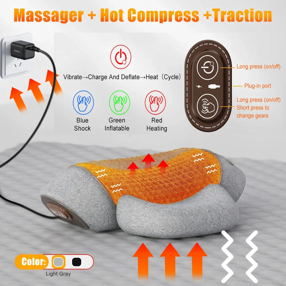 Electric Neck Massage Pillow with Heat Therapy and Vibration - Tidesmit Massage Cushion Hot-Traction-Gray Tidesmit