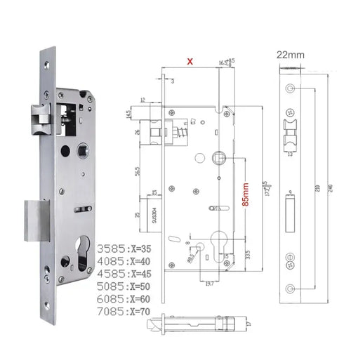 Stainless steel door lock body technical diagram with internal parts and 85mm section