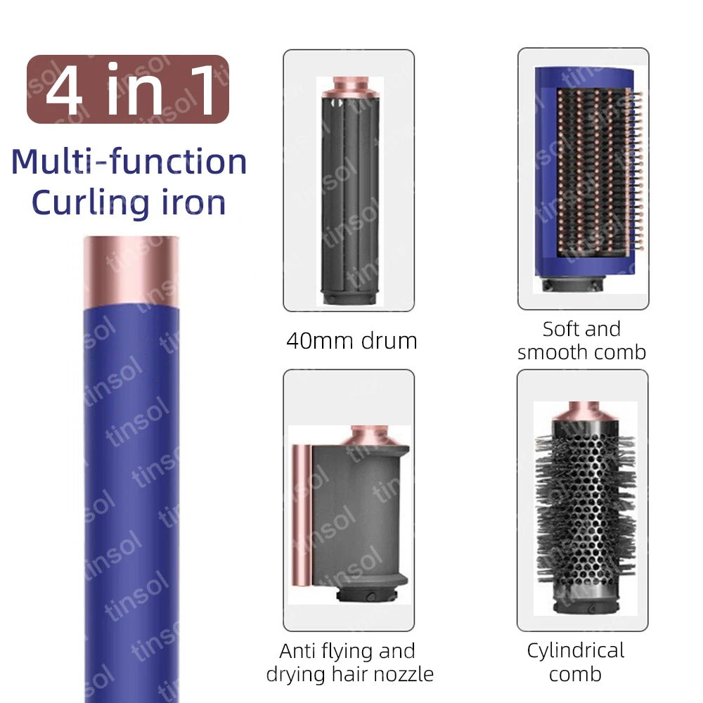 4-in-1 ionic hair dryer and curling iron set in blue and rose gold with 4 versatile styling attachments.