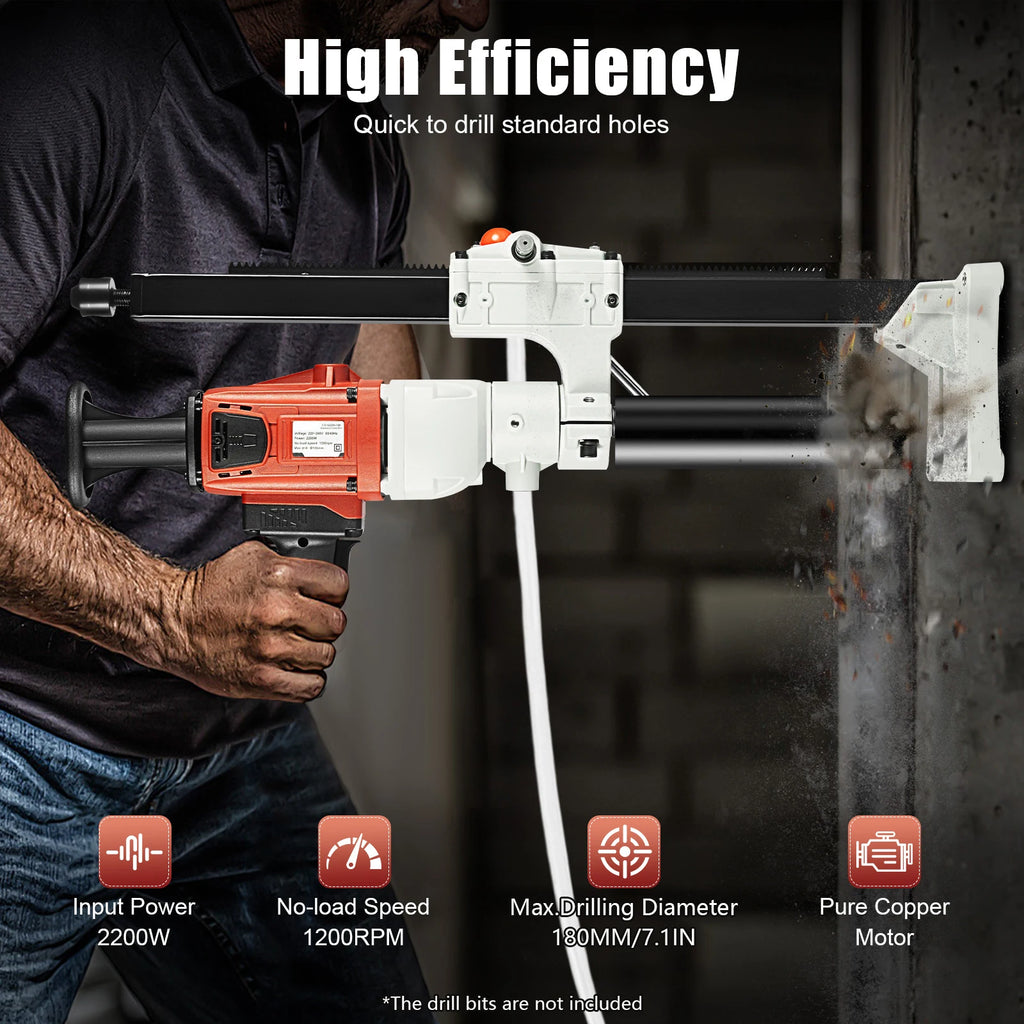 2200W Diamond Core Drill Rig Dry Wet Dual Use Handheld Vertical 2-in-1 Concrete Drilling Machine 180MM EU Plug