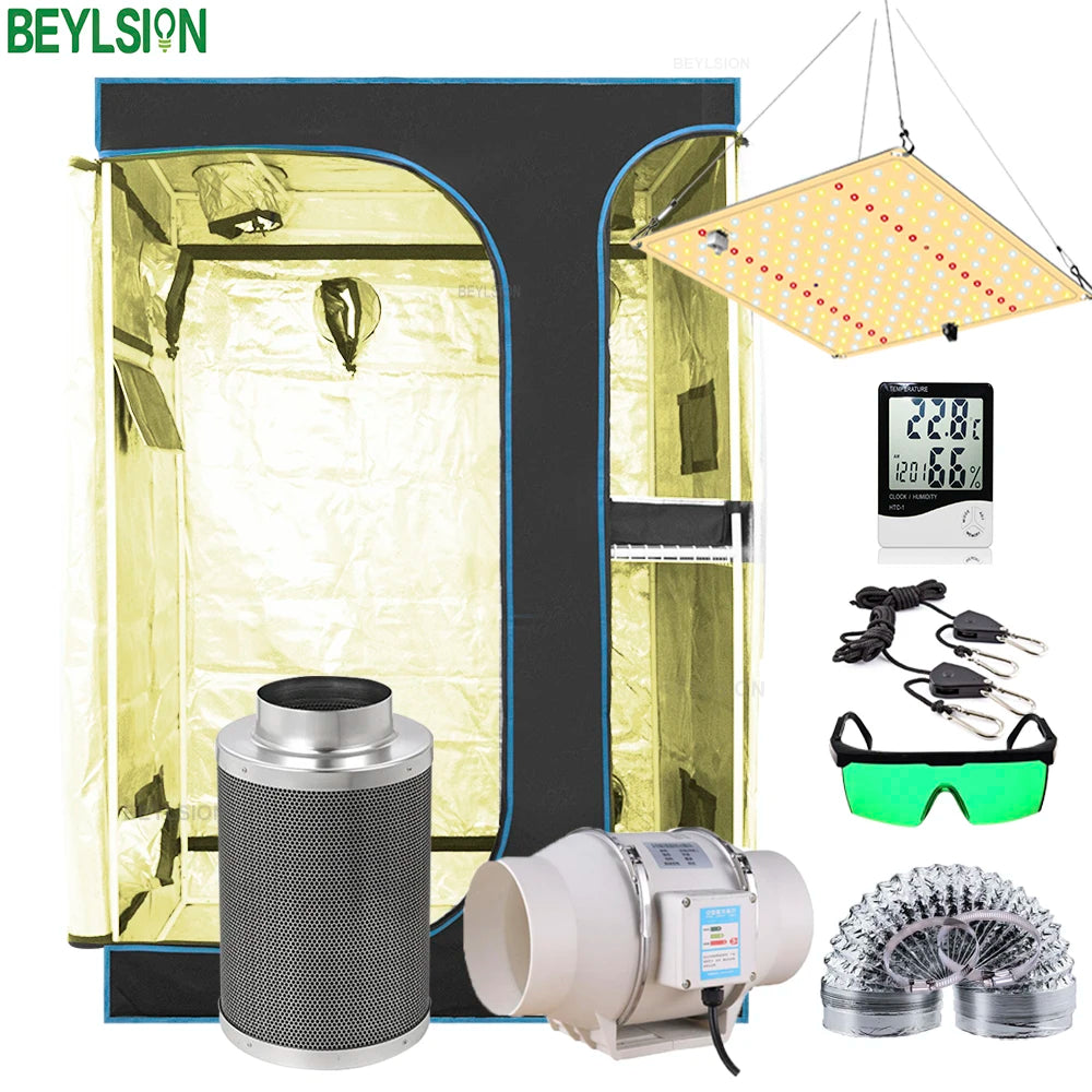 Complete grow tent set with gold interior, LED panel, duct fan, and air filter accessories